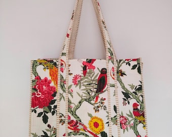 Bolso de mano acolchado de algodón: estampado floral con pájaros, bolso de mercado ligero hecho a mano, bolsos étnicos