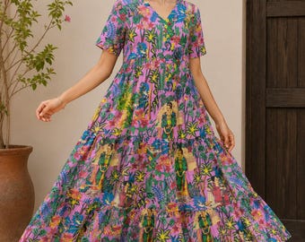 Frida Print Maxi Dress, Flowy V-Neck Cotton Summer Dress, Boho Vacation Outfit