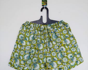 Handmade Floral Cotton Pajama Shorts: Indian Block Print with Pockets