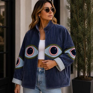 Handmade Eye Embroidered Velvet Jacket, Boho Statement Art, Bohemian Clothing, Coachella Outfit