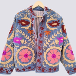 Velvet Suzani Embroidered Jacket, Boho Floral Hippie Festival Coat