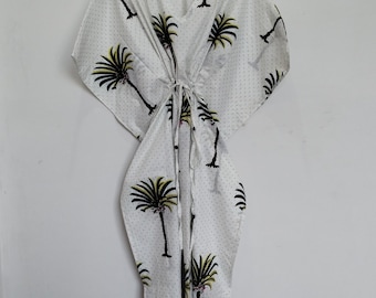 Caftán indio de algodón hecho a mano: vestido playero ligero con estampado de palmeras.