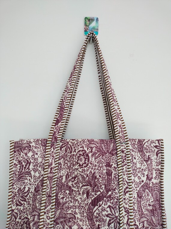 キルティングコットントートバッグ：エスニックプリントの大型