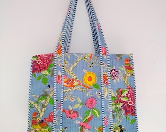 Bolso de mano acolchado de algodón: estampado floral, bolso de compras artesanal, bolsos de estilo vintage.
