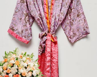 Silk Kimono Polyester Mix Robe : Bohemian Beach Cover-Up, Handmade Lightweight Nightwear