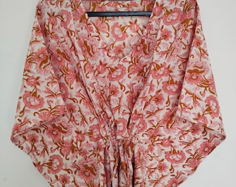 Vestido caftán de algodón con estampado floral: pareo indio hecho a mano, bata de festival