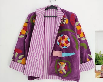Chaquetas Suzani de terciopelo con bordados hechos a mano, abrigo de terciopelo puro, talla única para mujer.