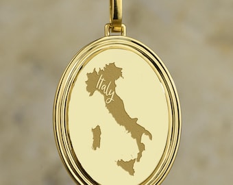 Collar italiano de oro de 14 quilates, medallón geográfico personalizado, talismán de Sicilia, colgante con mapa del país grabado, medallón de Toscana, joyería italiana personalizada