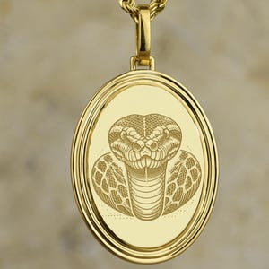 Puede incluir: Collar con colgante dorado con un colgante ovalado con un diseño detallado de cobra. El colgante cuelga de una cadena de cuerda a juego. La cobra está intrincadamente grabada, mostrando escamas y rasgos faciales. Es una joya.