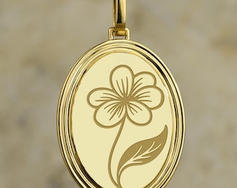 14K Gold Violet Necklace, Personalized Viola Charm, Pansy Medallion, February Birth Flower Pendant, Floral Talisman, Engraved Violet Jewelry