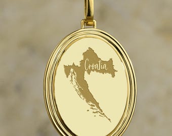14K Gold Croatia Necklace, Dubrovnik Charm, Balkan Country Map Pendant, Zagreb Amulet, Geography Talisman, Heritage Coin, Croatia Jewelry