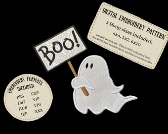 Ghost Applique Machine Embroidery Design: Halloween Boo Sign (Digital Download)