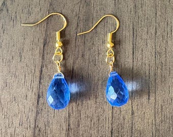 Tanzanite Quartz Wire Wrapped 18K Gold Plated Drop Earrings, Handmade Gemstone Earrings