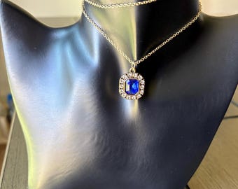 Blue & Clear Rhinestone Necklace, Vintage Style Gold Pendant Necklace, Gold Necklace, Statement Pendant, Glass Rhinestones, Blue Necklace