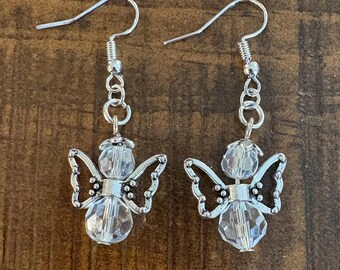 Pendientes de ángel con cuentas, pendientes colgantes navideños transparentes, joyería festiva navideña, pendientes de ángel, regalo de Navidad, pendientes de invierno, pendientes colgantes