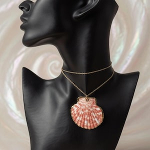 May include: A gold-toned chain necklace featuring a pendant made from a natural seashell with pink and white radial patterns. The shell is edged in a metallic gold finish and hangs from a delicate, thin gold-colored metal chain.