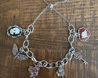 Gothic Charm Bracelet, Red Rose Skull Cameo Victorian Jewelry, Gothic Bracelet, Whimsigoth, Rose Bracelet, Skull Bracelet, Romantic Gothic