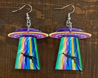 Alien Abduction UFO Earrings, Rainbow Space Dangles, Sci-Fi Gift, Star Earrings, Celestial Gift, Flying Saucer Acrylic Charms, Star Jewelry