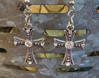 Silver Cross Earrings, Rhinestone Flared Dangles, Christian Faith Jewelry