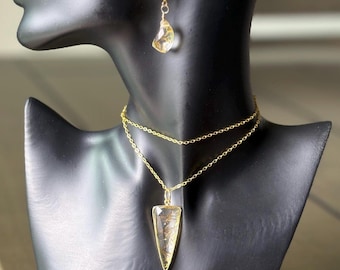 Imitation Gold Rutilquarz Schmuck Set, 18K Vergoldete Anhänger Halskette und Ohrringe