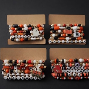 Halloween Bracelet Stack Set, Choose Your Six Bracelet Set, Witch Hat Heishi, Boo Ghost Pumpkin Cat Jewelry