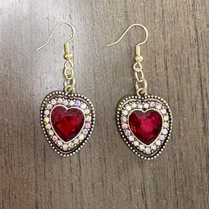 Vintage Style Red Heart Dangle Earrings, Ruby Crystal Heart Earrings with Iridescent Rhinestone Halo, Burnished Gold Romantic Earrings
