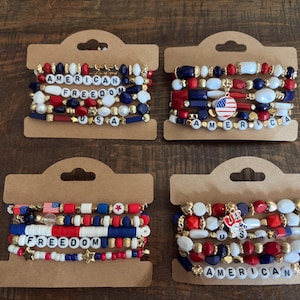 Braccialetto patriottico con perline, gioielli per il 4 luglio USA, rosso, bianco e blu