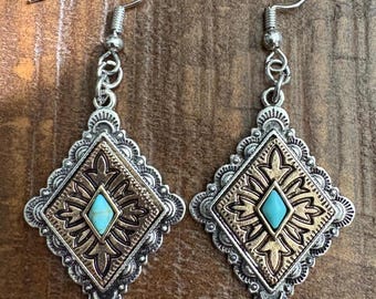Southwestern Concho Earrings, Faux Turquoise Diamond Dangles, Western Cowgirl Jewelry