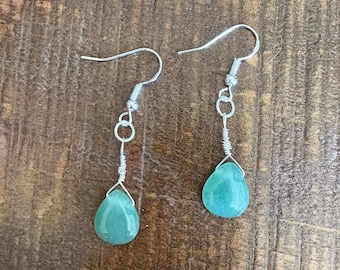 Aventurine Wire Wrapped Sterling Silver Drop Earrings, Handmade Gemstone Dangles, Green Boho Stone Earrings, Gift for Her