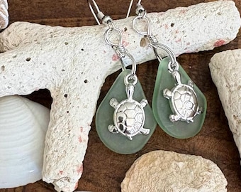 Sea Glass Turtle Earrings, Green Nautical Ocean Dangle Earrings