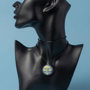 Iridescent Moon Face Necklace, Blue Glass Celestial Pendant, Moon Lover Gift, Chain or Cord