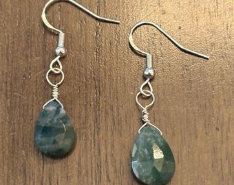 Moss Agate Sterling Silver or 14K Gold Filled Teardrop Earrings, Handmade Gemstone Earrings