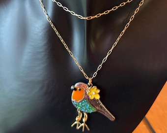 Mixed Metal Dangling Feet Bird Necklace, Iridescent Enamel Statement Pendant