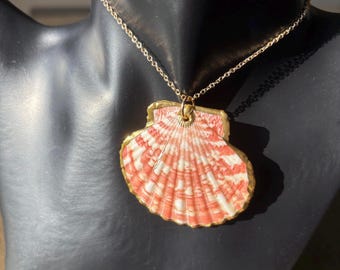 Scallop Shell Necklace, Gold Edged Coastal Statement Pendant Necklace
