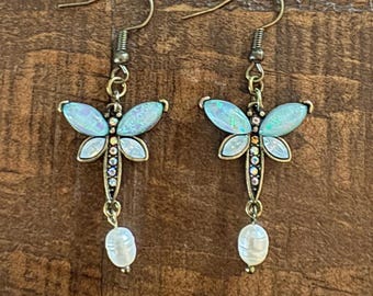 Rhinestone Iridescent Simulated Opal Dragonfly Earrings, Nature Lover Dangle Earrings, Garden Boho Whimsical Jewelry Gift for Her