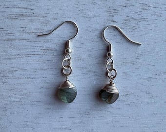 Labradorite Spiral Cage Wire Wrapped Silver Plated Drop Earrings, Handmade Gemstone Earrings