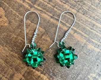 Green Christmas Bow Earrings, Metallic Gift Bow Holiday Dangles, Festive Jewelry