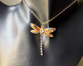 Rhinestone Multicolored Dragonfly Pendant Necklace, Goldtone Nature Jewelry