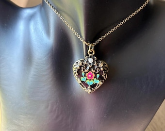 Vintage Style Heart Necklace, Antique Brass Floral Pendant, Romantic Painted Heart Jewelry