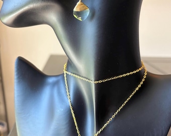 Green Amethyst Jewelry Set, 18K Gold Plated Pendant Necklace and Wire Wrapped Earrings