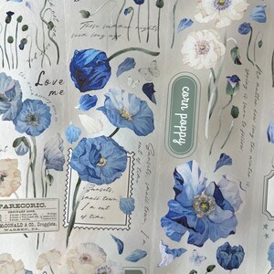 Blauwe klaprozen PET-tape | Monster 150 cm | Washi-tape | Bloemenstickers | Blauwe en witte bloemen | Plakboeken | Journalen | Dagboek van de lezer