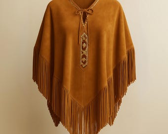 Boho Fringe Suede Poncho for Women | Western Festival Cape | Cowgirl Outfit with Beading | Fall Winter Bohemian Clothing | Rodeo Style