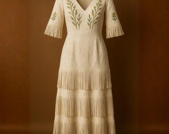 Handmade Suede Western Fringe Dress with Floral Embroidery – Boho Cowgirl Tiered Maxi Outfit