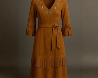 Handmade Western Suede Fringe Dress, Native Style Beaded Midi Gown, Boho Cowgirl Wedding Outfit