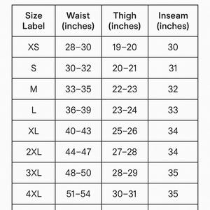 May include: A size chart for leather chaps, with measurements in inches. The chart includes waist, thigh, and inseam measurements for sizes XS to 5XL. The text "LEATHER CHAPS SIZE CHART" is at the top.