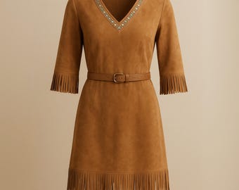 Boho Cowgirl Suede Fringe Dress | Turquoise Beaded Western Mini