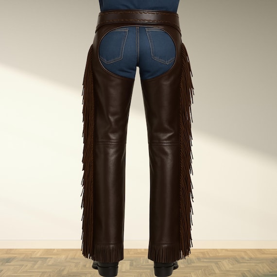 Western Genuine Leather Fringe Chaps – Handmade Cowboy Rodeo Riding Pants –  Dark Brown Suede with Conchos and Snap Closure – Festival Outfit