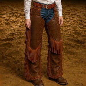May include: Brown leather chaps with fringe detailing. The chaps are worn over blue jeans and a white shirt. A brown leather belt with a silver buckle is also visible. The chaps are worn with brown cowboy boots.