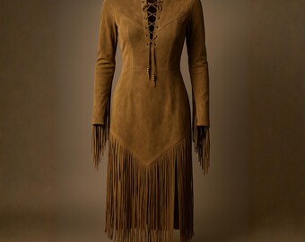 Handmade Women Suede Fringe Midi Dress Lace Up Western Boho Long Sleeve Cowgirl Outfit