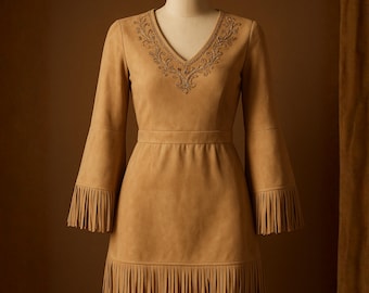 Suede Fringe Mini Dress – Hand-Beaded Embroidered Boho Western Dress
